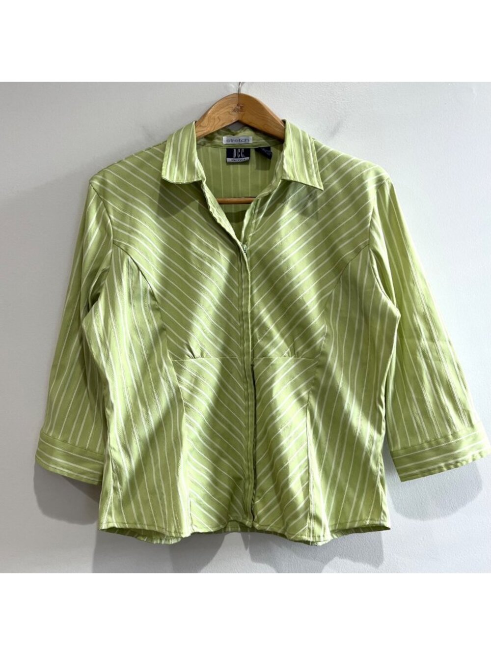 DCC Vtg Y2K Collared Blouse Womens XL Lime Green Zip Up Striped Stretch